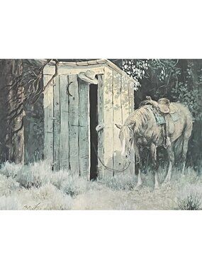 Vintage 70s Western Art Print "The Thinker" by artist Bill Bender Horse Outhouse